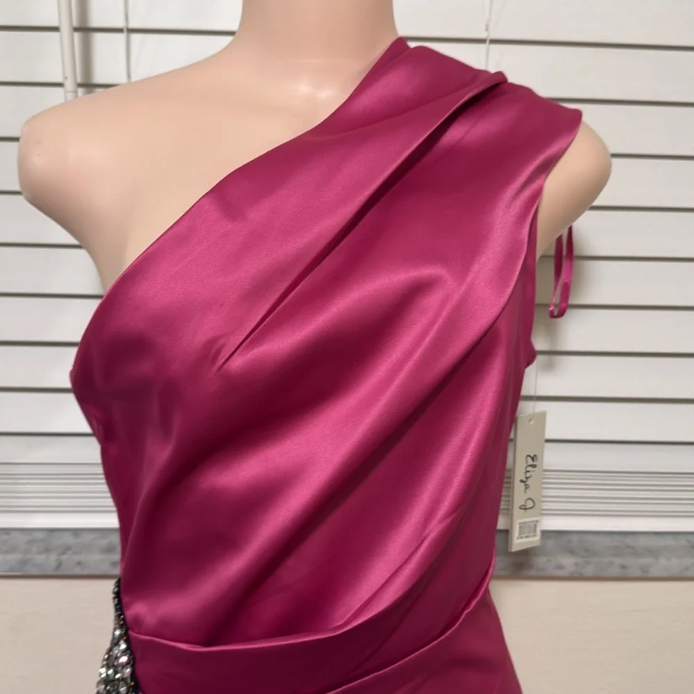 Eliza J NWT Beaded Hot Pink One Shoulder Satin Cocktail Dress size 8 sequined - Picture 7 of 9